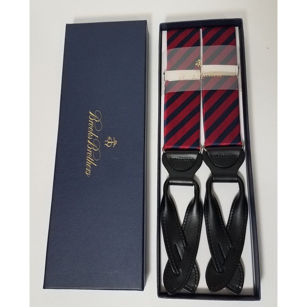 Brooks Brothers Suspenders Braces Blue Red Striped Adjustable Black Leather NEW